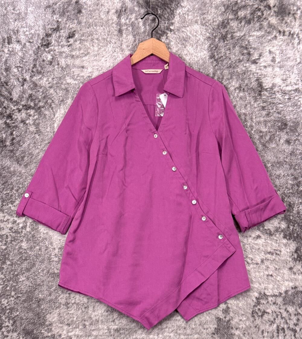 New Soft Surroundings Tunic Top Petite Medium Womens Pink Asymmetrical Button